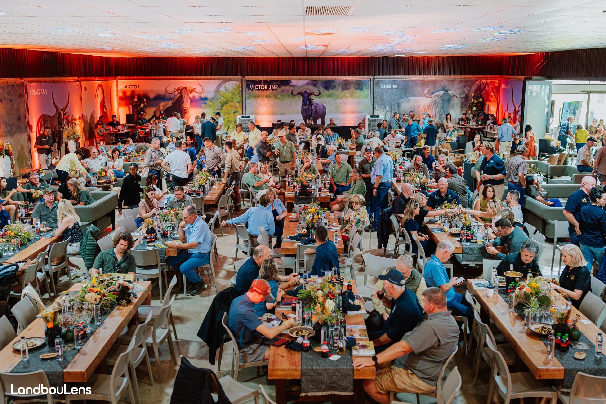 The auction hall full of buyers at long tables